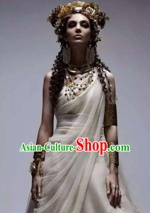 Traditional Greek Queen Stage Performance Costume Ancient Greek Goddess Peplos White Dress for Women
