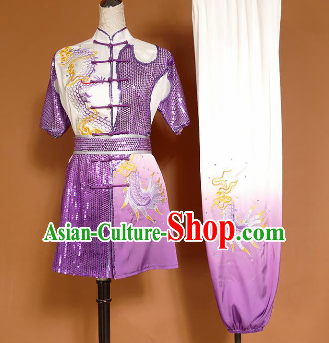 Top Kung Fu Group Competition Costume Martial Arts Training Embroidered Dragon Purple Uniform for Men