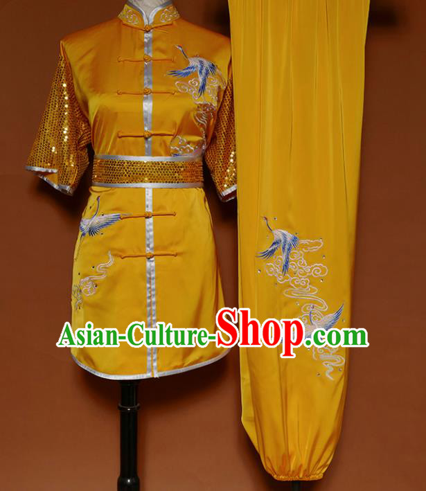 Top Kung Fu Group Competition Costume Martial Arts Training Embroidered Cranes Yellow Uniform for Men