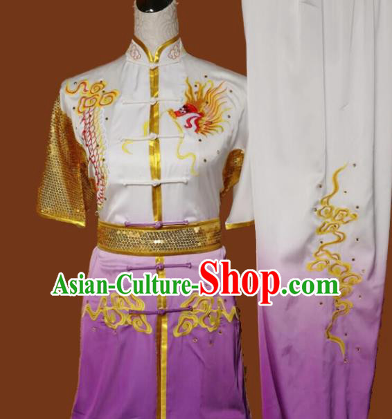Top Kung Fu Group Competition Costume Martial Arts Wushu Embroidered Dragon Purple Uniform for Men