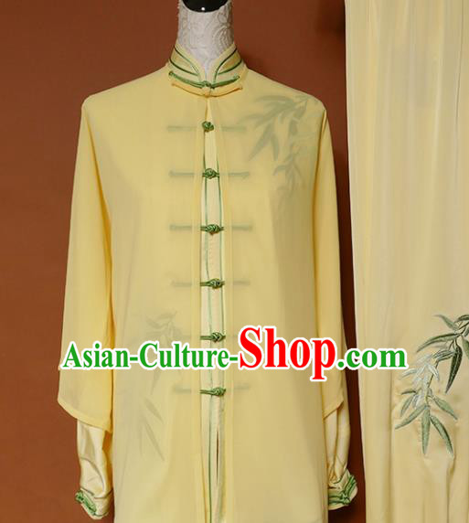 Top Group Kung Fu Costume Tai Ji Training Embroidered Bamboo Yellow Uniform Clothing for Women