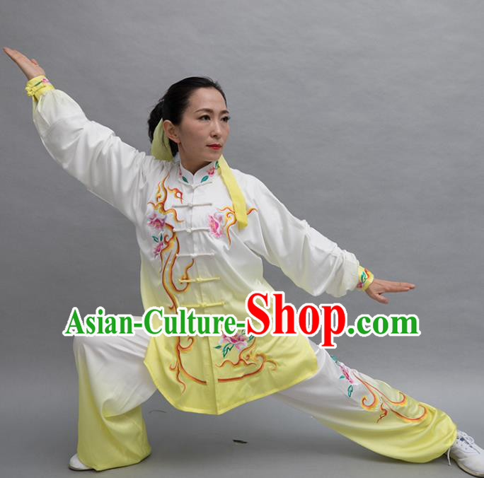 Top Group Kung Fu Costume Tai Ji Training Embroidered Peony Yellow Uniform Clothing for Women