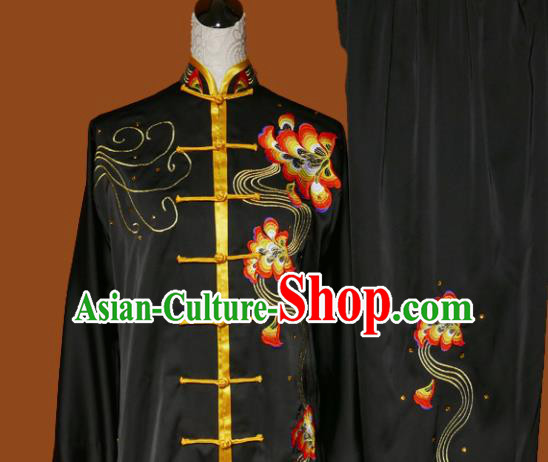 Top Grade Kung Fu Embroidered Black Costume Martial Arts Training Tai Ji Uniform for Adults