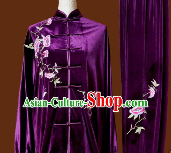 Top Tai Ji Training Embroidered Purple Velvet Uniform Kung Fu Group Competition Costume for Women