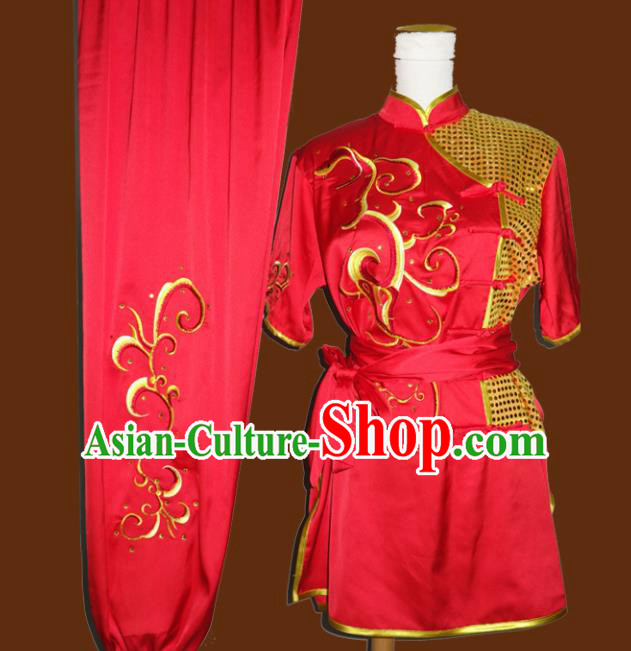 Top Grade Kung Fu Embroidered Red Costume Chinese Tai Chi Martial Arts Training Uniform for Adults