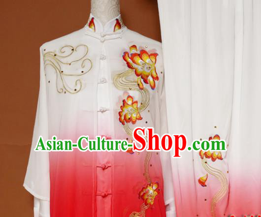 Top Tai Ji Training Embroidered Peony Rosy Uniform Kung Fu Group Competition Costume for Women