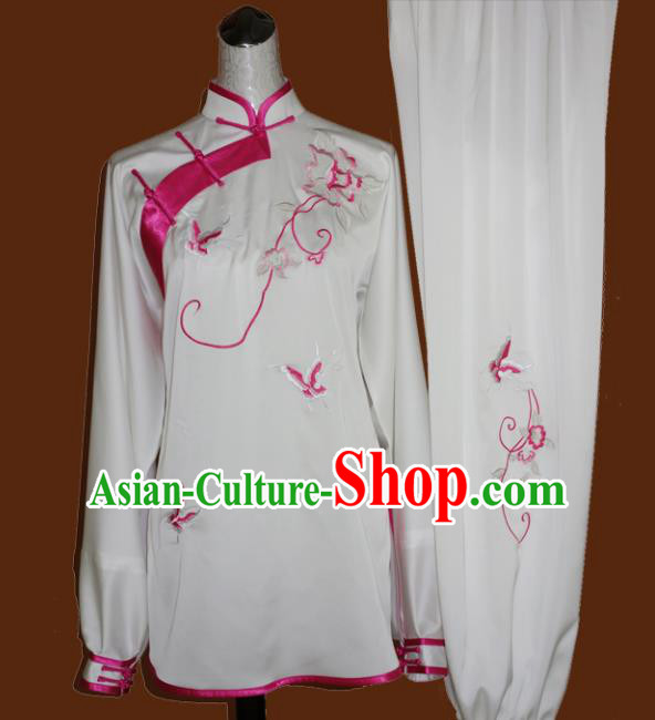 Chinese Traditional Tai Chi Embroidered Pink Butterfly Uniform Kung Fu Group Competition Costume for Women