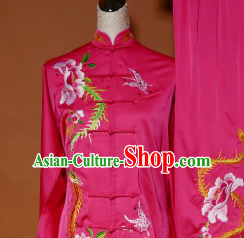 Top Tai Ji Training Embroidered Phoenix Peony Rosy Uniform Kung Fu Group Competition Costume for Women