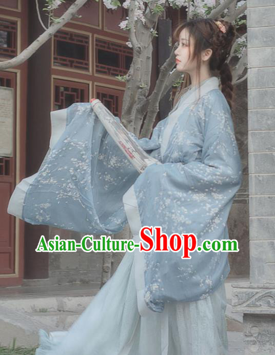 Chinese Ancient Blue Hanfu Dress Jin Dynasty Swordswoman Traditional Historical Costume for Women