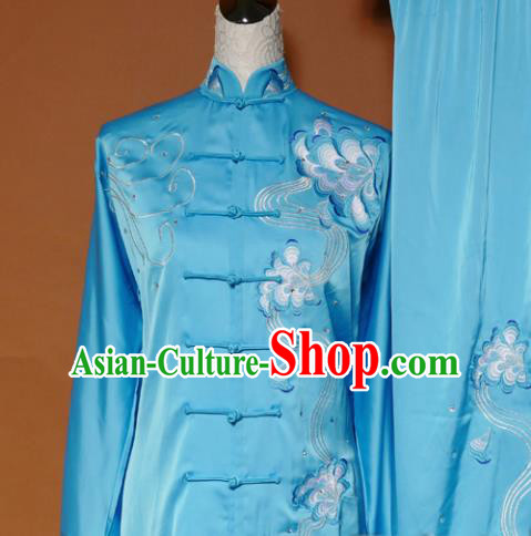 Top Tai Ji Training Embroidered Peony Blue Uniform Kung Fu Group Competition Costume for Women