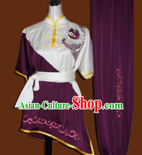 Top Grade Kung Fu Embroidered Purple Costume Chinese Tai Chi Martial Arts Training Uniform for Adults