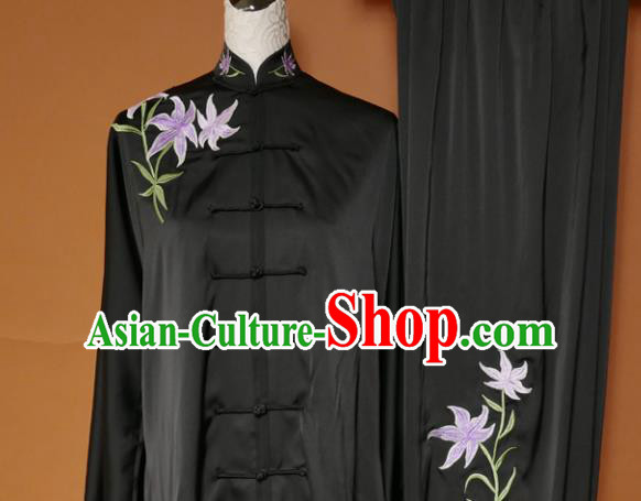 Top Tai Ji Training Embroidered Orchid Black Uniform Kung Fu Group Competition Costume for Women