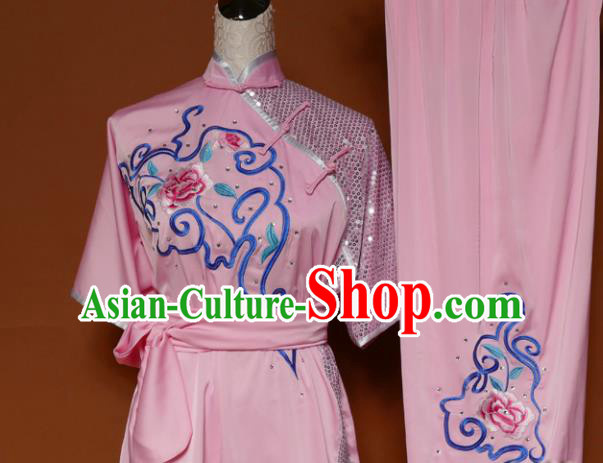 Top Martial Arts Training Embroidered Pink Uniform Kung Fu Group Competition Costume for Women