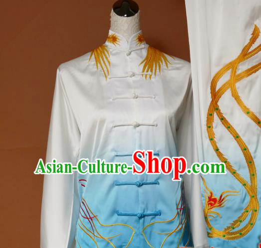 Chinese Traditional Tai Chi Training Embroidered Phoenix Blue Silk Uniform Kung Fu Group Competition Costume for Women