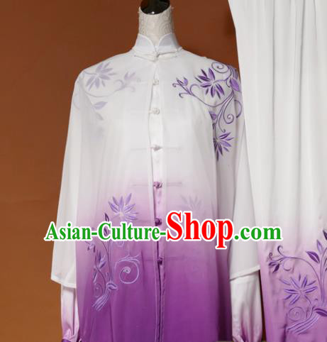 Chinese Traditional Tai Chi Training Embroidered Purple Silk Uniform Kung Fu Group Competition Costume for Women