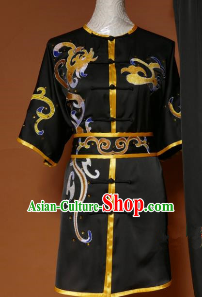 Top Kung Fu Group Competition Costume Martial Arts Wushu Black Uniform for Men