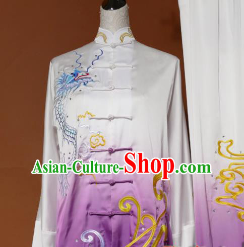 Chinese Traditional Tai Chi Embroidered Purple Silk Uniform Kung Fu Group Competition Costume for Women