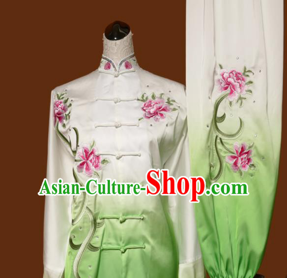 Chinese Traditional Tai Chi Embroidered Peony Green Uniform Kung Fu Group Competition Costume for Women