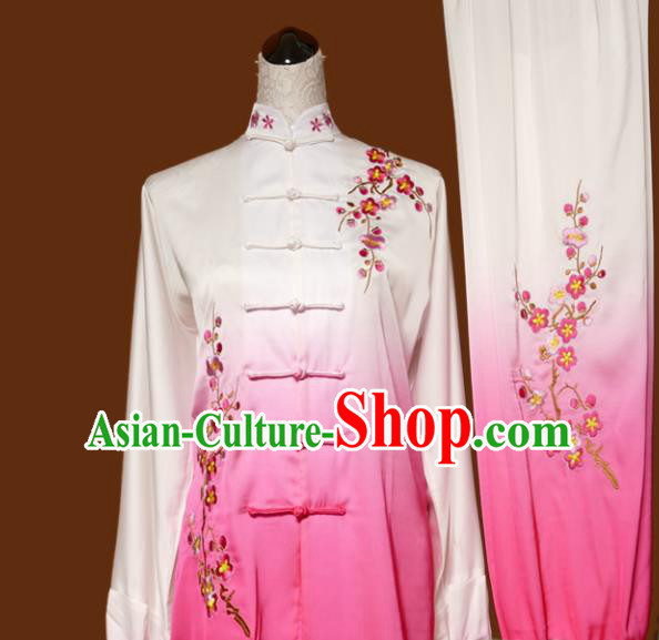 Chinese Traditional Tai Chi Embroidered Plum Blossom Pink Uniform Kung Fu Group Competition Costume for Women