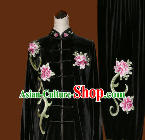 Chinese Traditional Tai Chi Embroidered Peony Black Velvet Uniform Kung Fu Group Competition Costume for Women
