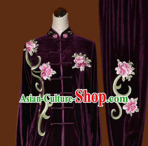 Chinese Traditional Tai Chi Embroidered Peony Purple Velvet Uniform Kung Fu Group Competition Costume for Women