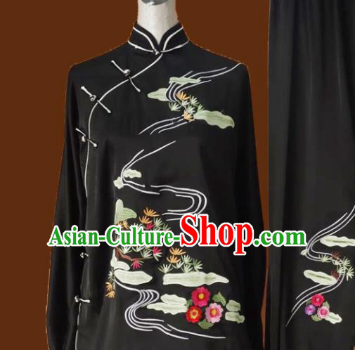 Chinese Traditional Tai Chi Black Uniform Kung Fu Group Competition Embroidered Pine Costume for Women