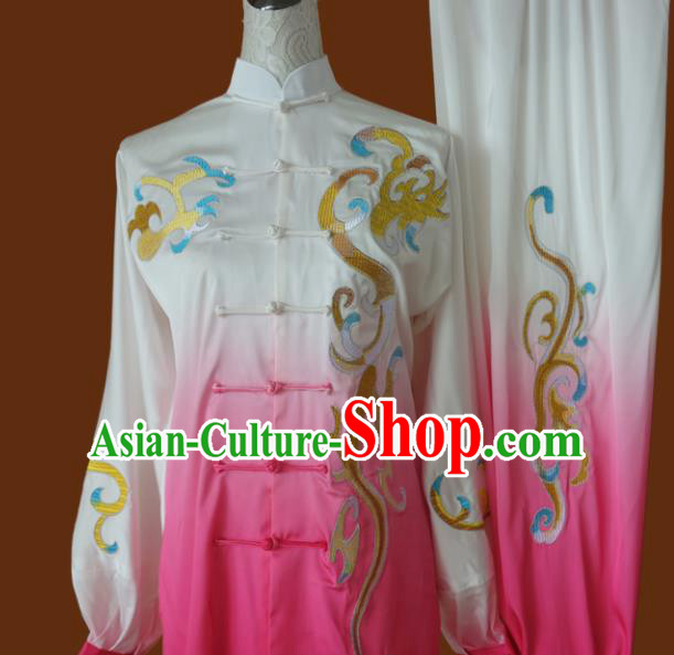 Top Grade Kung Fu Embroidered Pink Tai Ji Costume Chinese Martial Arts Training Uniform for Adults