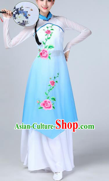 Chinese Traditional Stage Performance Classical Dance Costume Umbrella Dance Blue Dress for Women