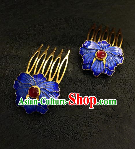 Chinese Ancient Handmade Palace Blueing Peony Hair Comb Traditional Classical Hair Accessories for Women