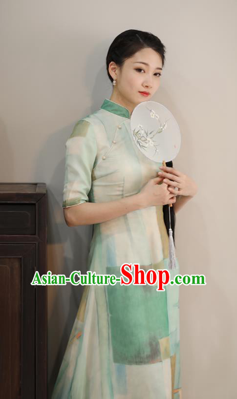 Chinese National Costume Traditional Classical Cheongsam Printing Green Qipao Dress for Women