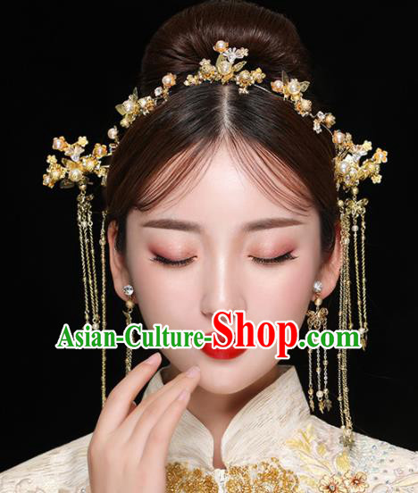 Chinese Ancient Handmade Golden Hair Clasp Bride Hairpins Traditional Classical Wedding Hair Accessories for Women