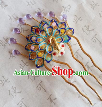 Chinese Ancient Handmade Cloisonne Peacock Hairpins Traditional Classical Hair Accessories for Women
