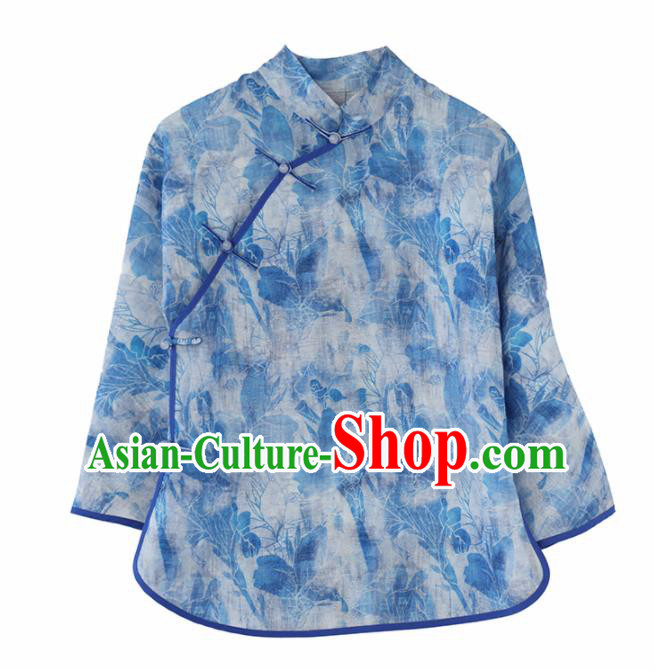Chinese National Costume Traditional Classical Cheongsam Printing Blue Blouse for Women