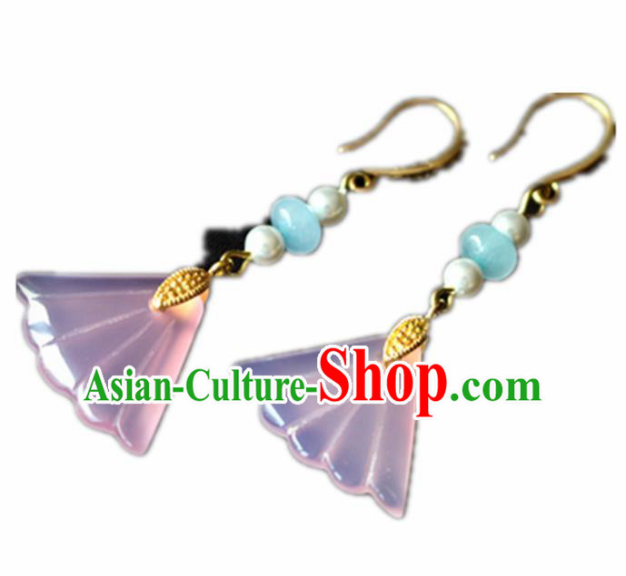 Chinese Ancient Traditional Handmade Pink Fan Earrings Classical Ear Accessories for Women