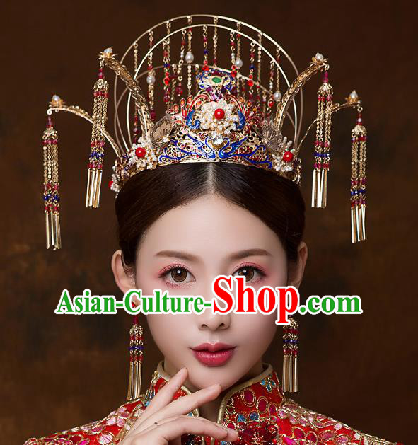 Chinese Ancient Handmade Blueing Phoenix Coronet Bride Tassel Hairpins Traditional Classical Wedding Hair Accessories for Women