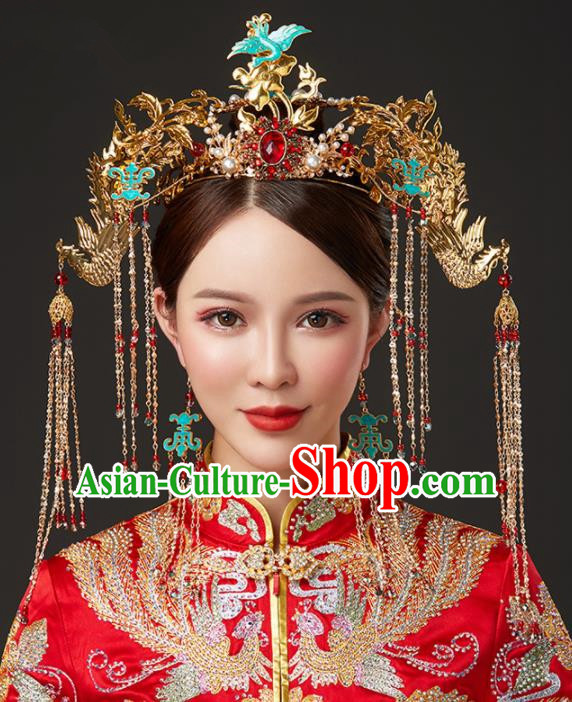 Chinese Ancient Cloisonne Cranes Phoenix Coronet Bride Hairpins Traditional Wedding Hair Accessories for Women