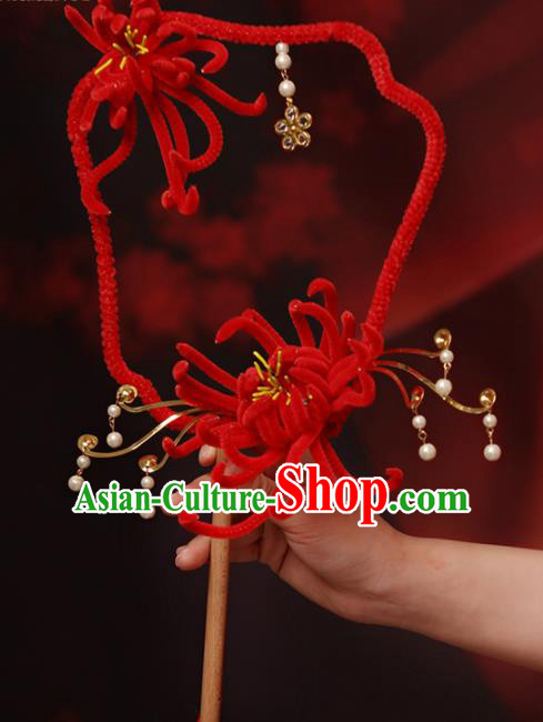 Chinese Handmade Classical Palace Fans Wedding Bride Accessories Red Chrysanthemum Round Fan for Women