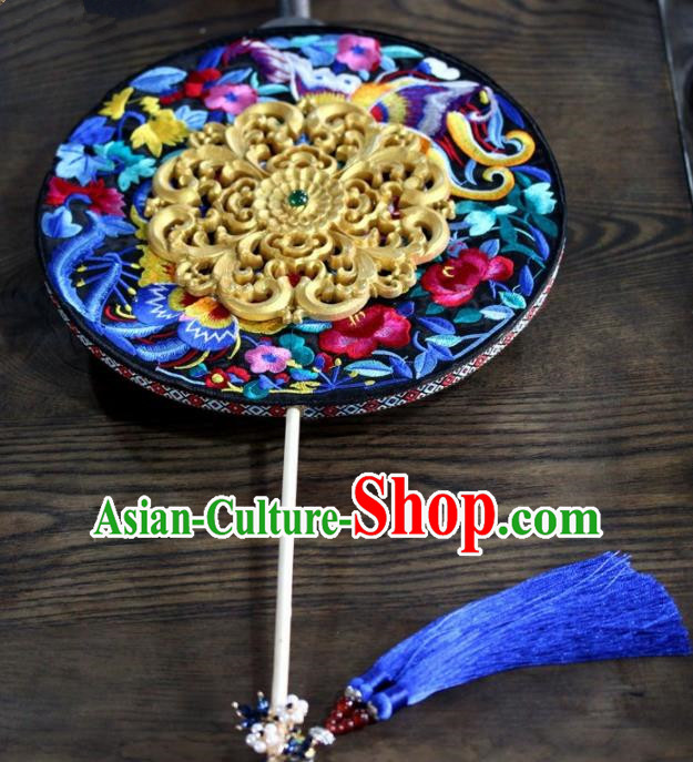 Chinese Handmade Classical Carving Palace Fans Wedding Bride Accessories Blue Round Fan for Women