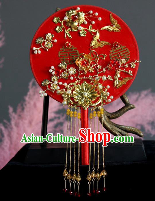 Chinese Handmade Bride Classical Red Palace Fans Wedding Accessories Round Fan for Women