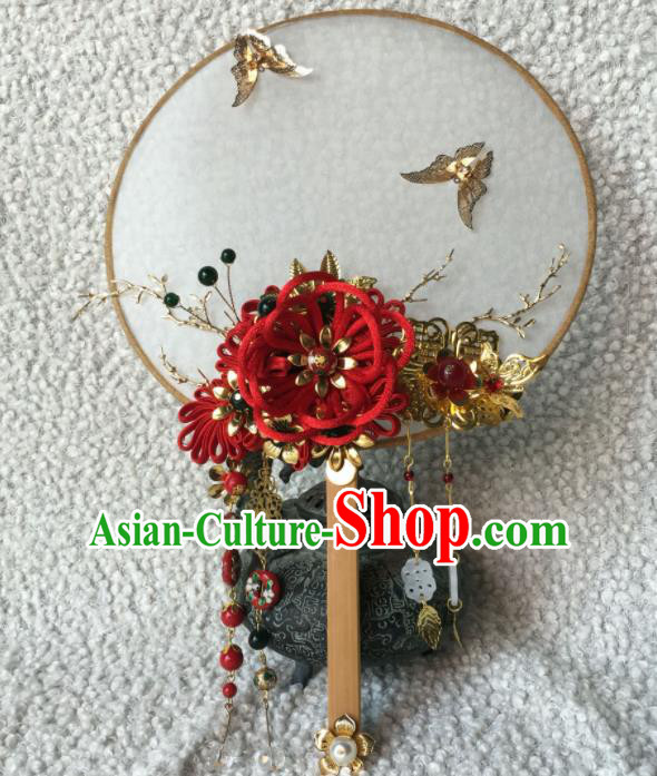 Chinese Handmade Bride Classical Red Velvet Flower Palace Fans Wedding Accessories Round Fan for Women