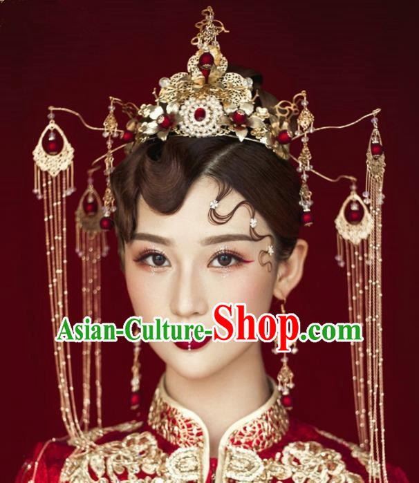 Chinese Ancient Bride Hairpins Tassel Phoenix Coronet Traditional Hair Accessories Headdress for Women