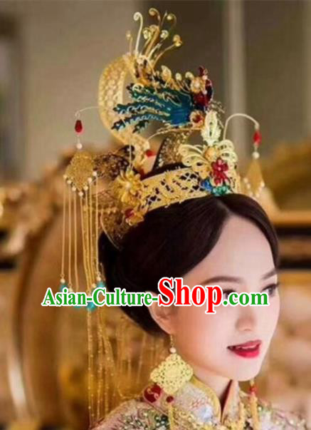 Top Grade Chinese Ancient Bride Wedding Blueing Phoenix Coronet Hairpins Traditional Hair Accessories Headdress for Women