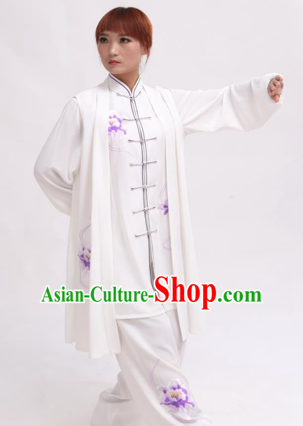 Chinese Traditional Tai Chi Printing Purple Peony Costume Martial Arts Tai Ji Competition Clothing for Women