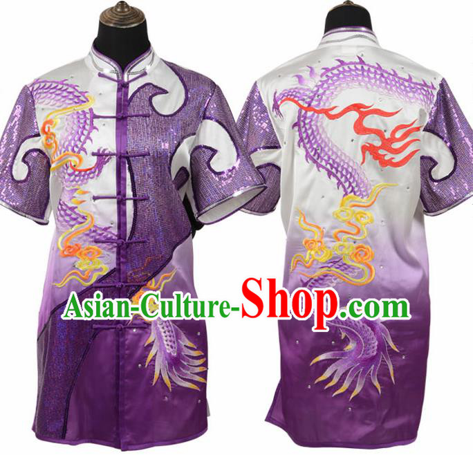 Chinese Traditional Tang Suit Embroidered Dragon Purple Costume Martial Arts Tai Ji Competition Clothing for Men