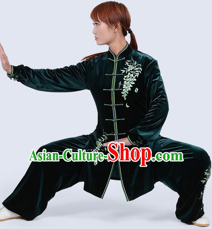 Chinese Traditional Kung Fu Embroidered Green Pleuche Costume Martial Arts Tai Ji Competition Clothing for Women