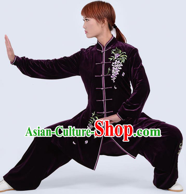 Chinese Traditional Kung Fu Embroidered Purple Pleuche Costume Martial Arts Tai Ji Competition Clothing for Women