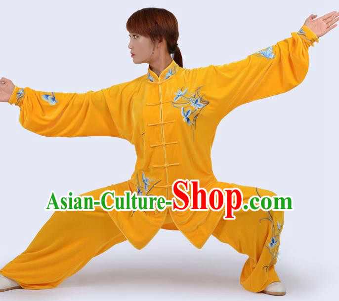 Chinese Traditional Kung Fu Yellow Velvet Costume Martial Arts Tai Ji Competition Printing Orchid Clothing for Women