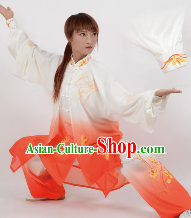 Chinese Traditional Kung Fu Printing Orchid Red Costume Martial Arts Tai Ji Competition Clothing for Women