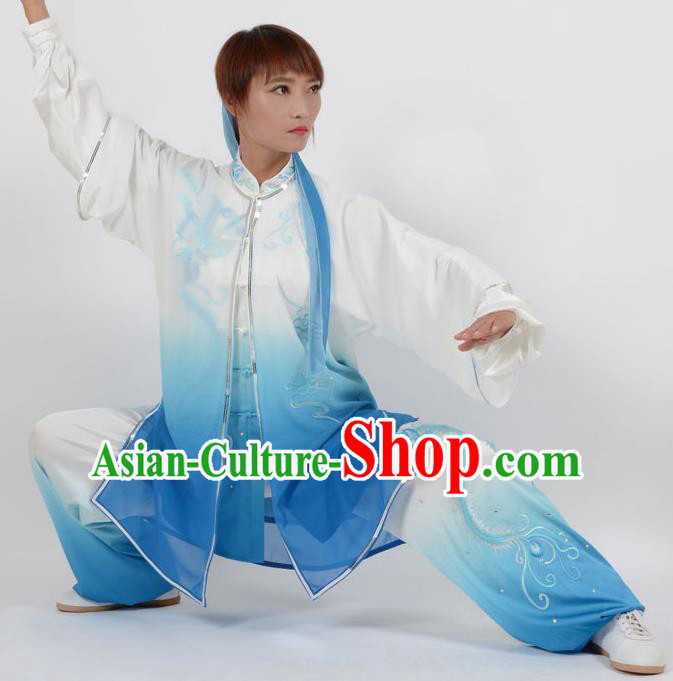 Chinese Traditional Kung Fu Embroidered Phoenix Blue Costume Martial Arts Tai Ji Competition Clothing for Women