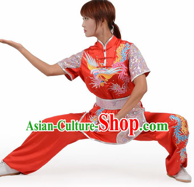 Chinese Traditional Kung Fu Embroidered Phoenix Red Costume Martial Arts Competition Clothing for Women